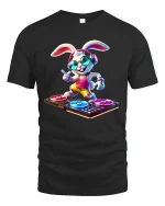 DJ Bunny Headphones Graphic Tee Cute Music Party Tshirt - black t-shirt on white background