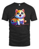 Cute Rainbow Yarn Cat Graphic Tee Adorable Playful T Shirt - black t-shirt on white background