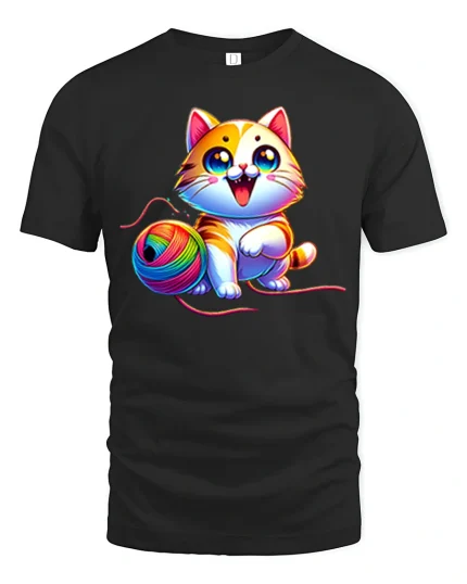 Cute Rainbow Yarn Cat Graphic Tee Adorable Playful T Shirt - black t-shirt on white background