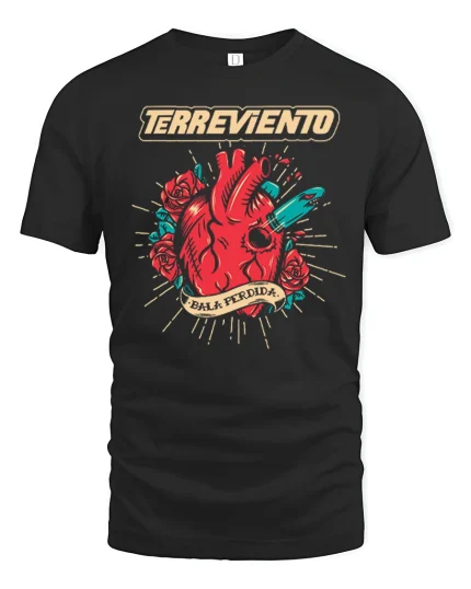 Terreviento Sacred Heart Bullet Art Graphic Tee Bold Tattoo Tshirt - black t-shirt on white background