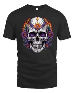 Flaming Sugar Skull Rose Art Graphic Tee Bold Gothic Tshirt - black t-shirt on white background