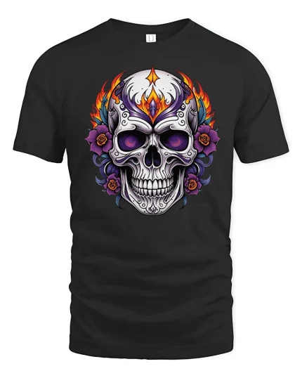 Flaming Sugar Skull Rose Art Graphic Tee Bold Gothic Tshirt - black t-shirt on white background