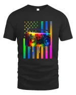 Rainbow Boombox Drip Art Graphic Tee Retro Music Style T Shirt - black t-shirt on white background
