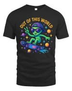 Out Of This World Alien Skateboard Graphic Tee Fun Space T Shirt - black t-shirt on white background