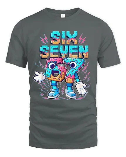 Six Seven Donut Style Graphic Tee Funny Retro Number T Shirt - gray t-shirt on white background