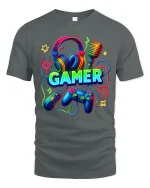 Neon Gamer Headset Controller Graphic Tee Colorful Gaming Tshirt - gray t-shirt on white background