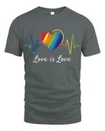 Love Is Love Rainbow Heart Pulse Graphic Tee Pride Message Tshirt - gray t-shirt on white background