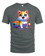 Cute Rainbow Yarn Cat Graphic Tee Adorable Playful T Shirt - gray t-shirt on white background