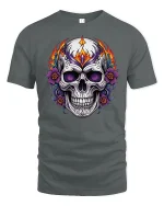 Flaming Sugar Skull Rose Art Graphic Tee Bold Gothic Tshirt - gray t-shirt on white background
