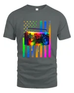 Rainbow Boombox Drip Art Graphic Tee Retro Music Style T Shirt - gray t-shirt on white background