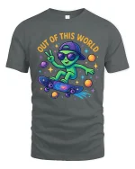 Out Of This World Alien Skateboard Graphic Tee Fun Space T Shirt - gray t-shirt on white background