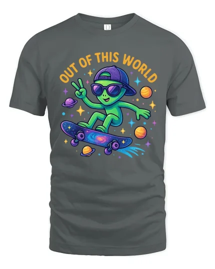 Out Of This World Alien Skateboard Graphic Tee Fun Space T Shirt - gray t-shirt on white background