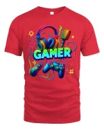 Neon Gamer Headset Controller Graphic Tee Colorful Gaming Tshirt - red t-shirt on white background