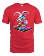 DJ Bunny Headphones Graphic Tee Cute Music Party Tshirt - red t-shirt on white background