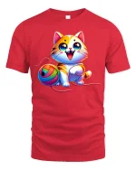 Cute Rainbow Yarn Cat Graphic Tee Adorable Playful T Shirt - red t-shirt on white background
