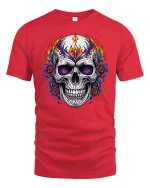 Flaming Sugar Skull Rose Art Graphic Tee Bold Gothic Tshirt - red t-shirt on white background