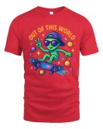 Out Of This World Alien Skateboard Graphic Tee Fun Space T Shirt - red t-shirt on white background