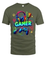 Neon Gamer Headset Controller Graphic Tee Colorful Gaming Tshirt - military green t-shirt on white background
