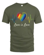 Love Is Love Rainbow Heart Pulse Graphic Tee Pride Message Tshirt - military green t-shirt on white background