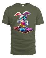DJ Bunny Headphones Graphic Tee Cute Music Party Tshirt - military green t-shirt on white background