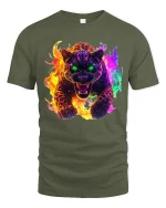 Neon Fire Panther Graphic Tee Fierce Colorful Animal Tshirt - military green t-shirt on white background