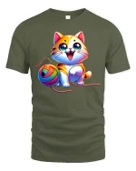 Cute Rainbow Yarn Cat Graphic Tee Adorable Playful T Shirt - military green t-shirt on white background