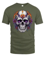 Flaming Sugar Skull Rose Art Graphic Tee Bold Gothic Tshirt - military green t-shirt on white background