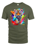 Color Splash Tiger Cub Art Graphic Tee Cute Wild Tshirt - military green t-shirt on white background