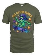 Out Of This World Alien Skateboard Graphic Tee Fun Space T Shirt - military green t-shirt on white background