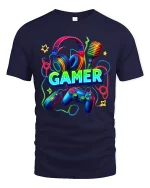 Neon Gamer Headset Controller Graphic Tee Colorful Gaming Tshirt - navy t-shirt on white background