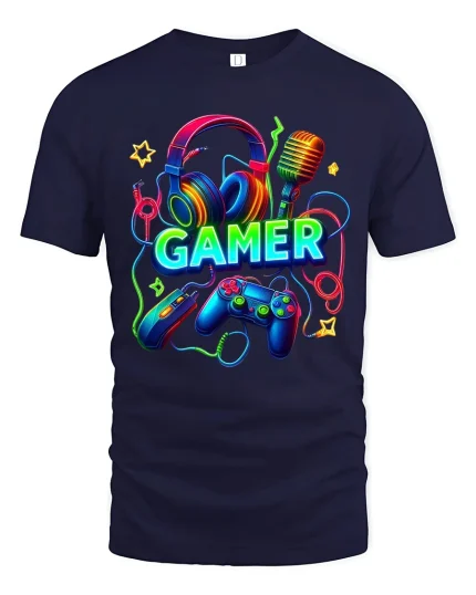 Neon Gamer Headset Controller Graphic Tee Colorful Gaming Tshirt - navy t-shirt on white background