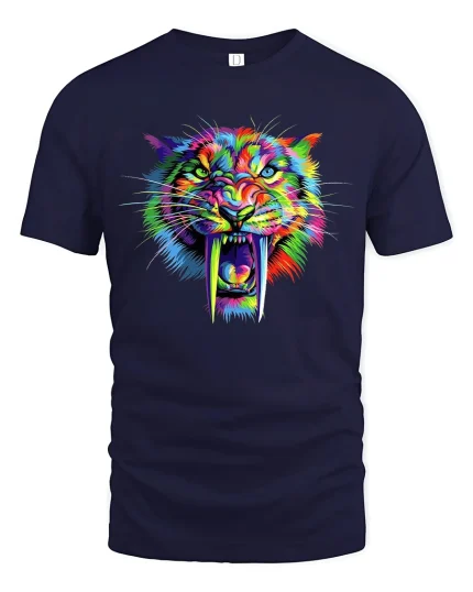 Colorful Roaring Tiger Art Graphic Tee Bold Neon Animal Tshirt - navy t-shirt on white background