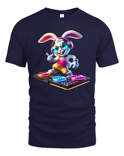 DJ Bunny Headphones Graphic Tee Cute Music Party Tshirt - navy t-shirt on white background