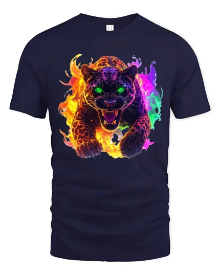 Neon Fire Panther Graphic Tee Fierce Colorful Animal Tshirt - navy t-shirt on white background