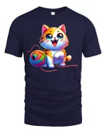 Cute Rainbow Yarn Cat Graphic Tee Adorable Playful T Shirt - navy t-shirt on white background