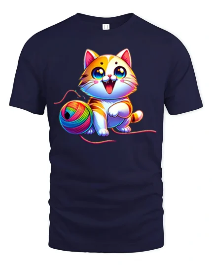 Cute Rainbow Yarn Cat Graphic Tee Adorable Playful T Shirt - navy t-shirt on white background