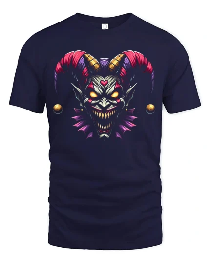 Dark Joker Demon Face Graphic Tee Evil Fantasy Art Tshirt - navy t-shirt on white background