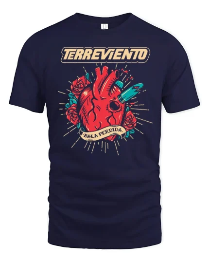 Terreviento Sacred Heart Bullet Art Graphic Tee Bold Tattoo Tshirt - navy t-shirt on white background