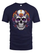 Flaming Sugar Skull Rose Art Graphic Tee Bold Gothic Tshirt - navy t-shirt on white background