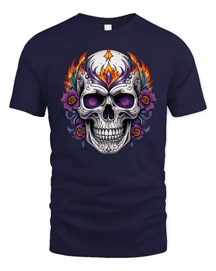 Flaming Sugar Skull Rose Art Graphic Tee Bold Gothic Tshirt - navy t-shirt on white background