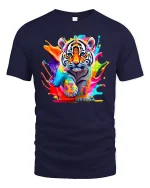 Color Splash Tiger Cub Art Graphic Tee Cute Wild Tshirt - navy t-shirt on white background