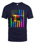 Rainbow Boombox Drip Art Graphic Tee Retro Music Style T Shirt - navy t-shirt on white background