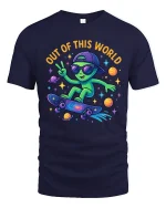 Out Of This World Alien Skateboard Graphic Tee Fun Space T Shirt - navy t-shirt on white background