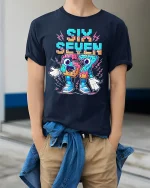 Six Seven Donut Style Graphic Tee Funny Retro Number T Shirt - model wearing navy tee with hands in pockets