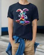 DJ Bunny Headphones Graphic Tee Cute Music Party Tshirt - model wearing navy tee with hands in pockets