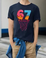Six Seven Donut Basketball Graphic Tee Funny Sports Art T Shirt - model wearing navy tee with hands in pockets