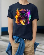 Neon Fire Panther Graphic Tee Fierce Colorful Animal Tshirt - model wearing navy tee with hands in pockets