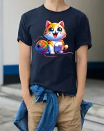 Cute Rainbow Yarn Cat Graphic Tee Adorable Playful T Shirt - model wearing navy tee with hands in pockets
