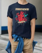 Terreviento Sacred Heart Bullet Art Graphic Tee Bold Tattoo Tshirt - model wearing navy tee with hands in pockets