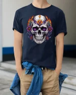 Flaming Sugar Skull Rose Art Graphic Tee Bold Gothic Tshirt - model wearing navy tee with hands in pockets